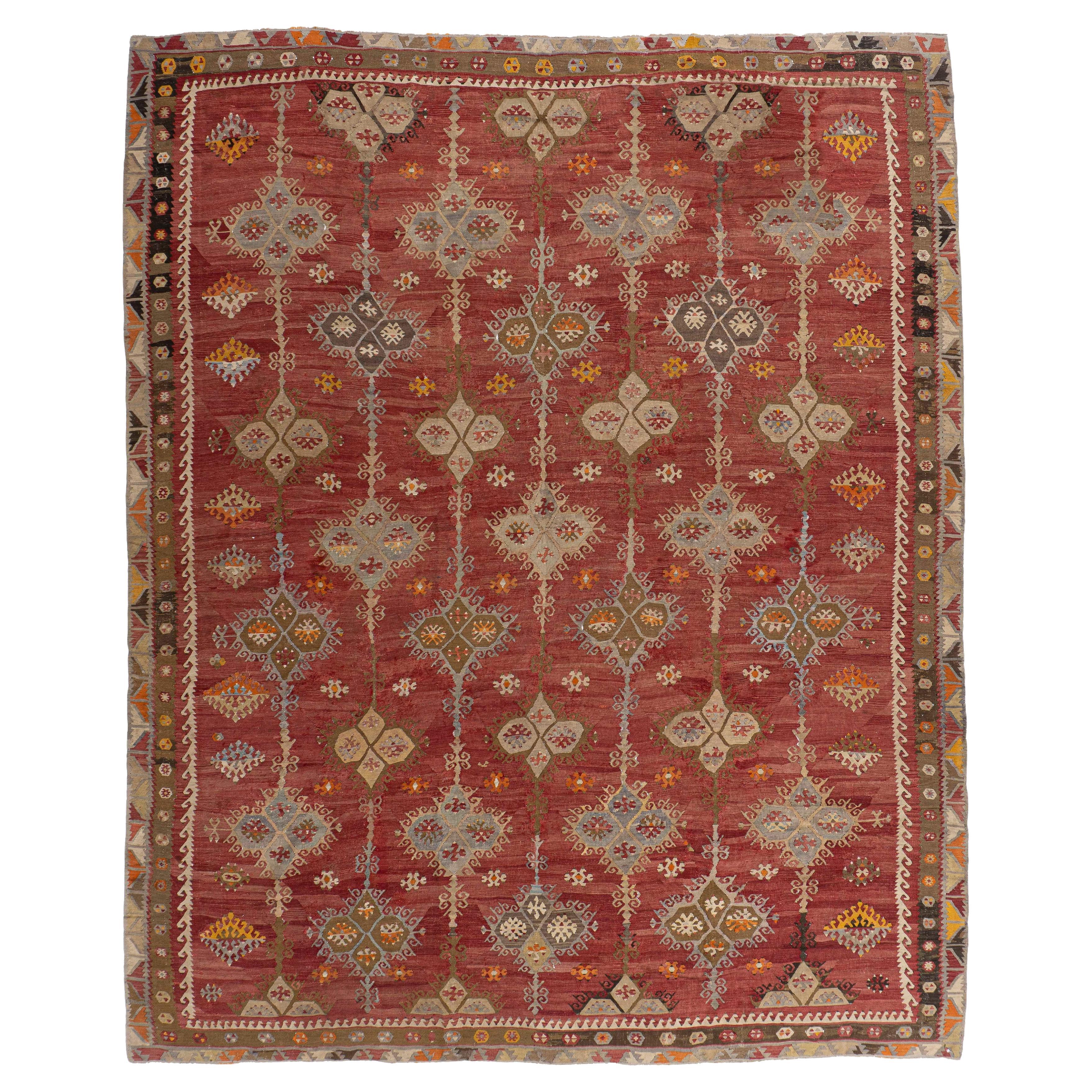 Antique Circa 1920 Orange Turkish Kilim Flatweave Rug For Sale