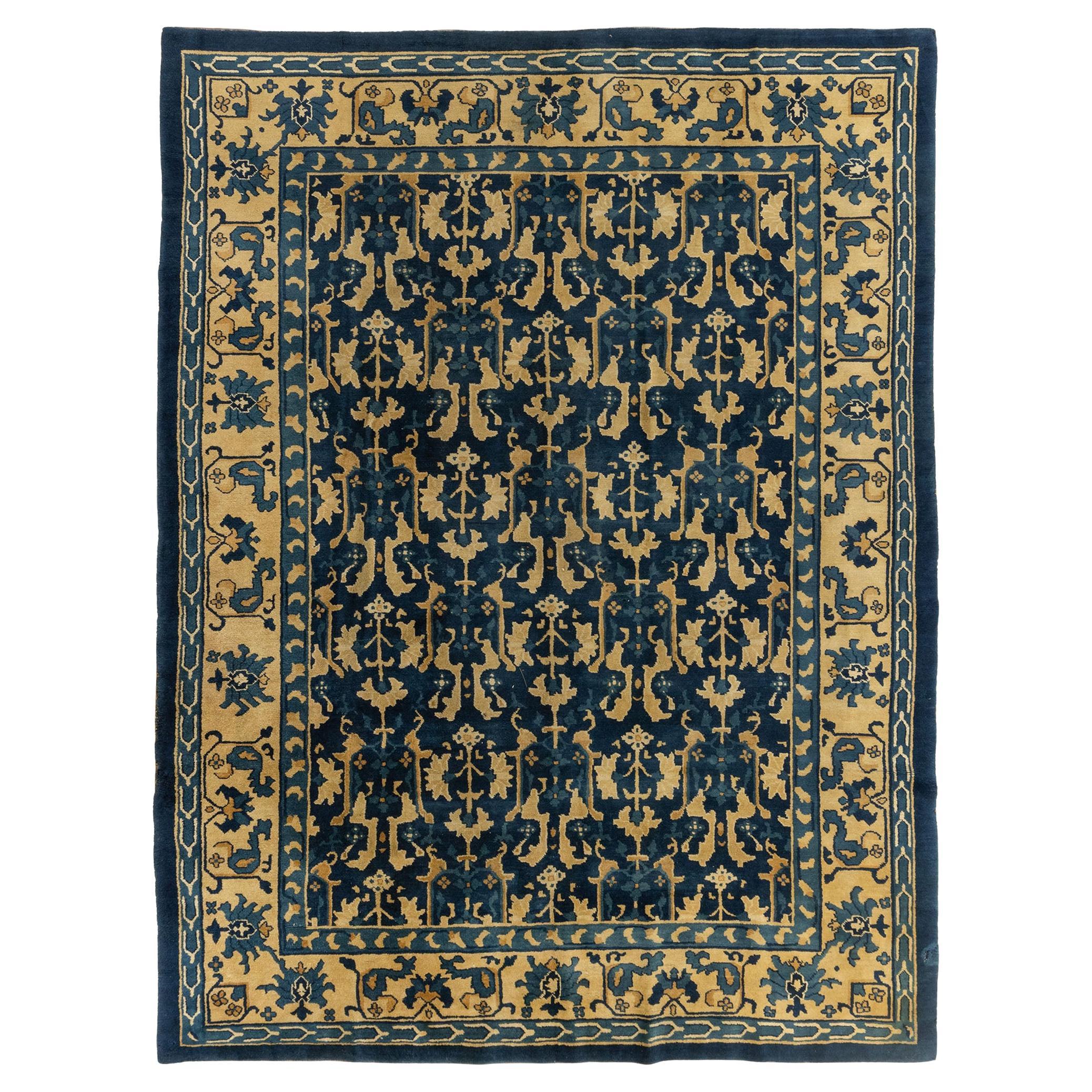 Antique Circa 1920 Peking Chinese Hand Knotted Blue & Gold Wool Rug 8' x 10' For Sale