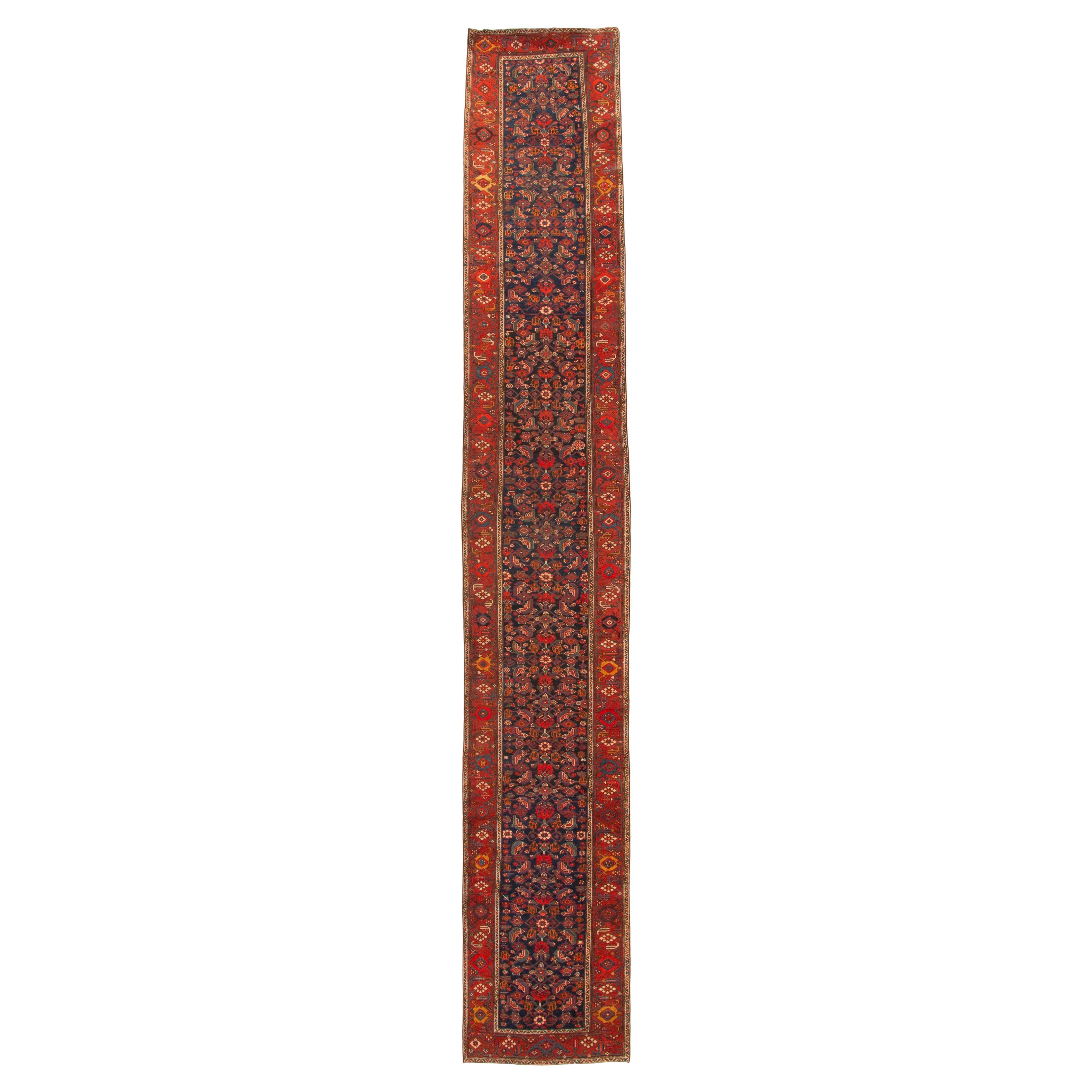 Antico runner annodato a mano rosso persiano Malayer del 1920 circa