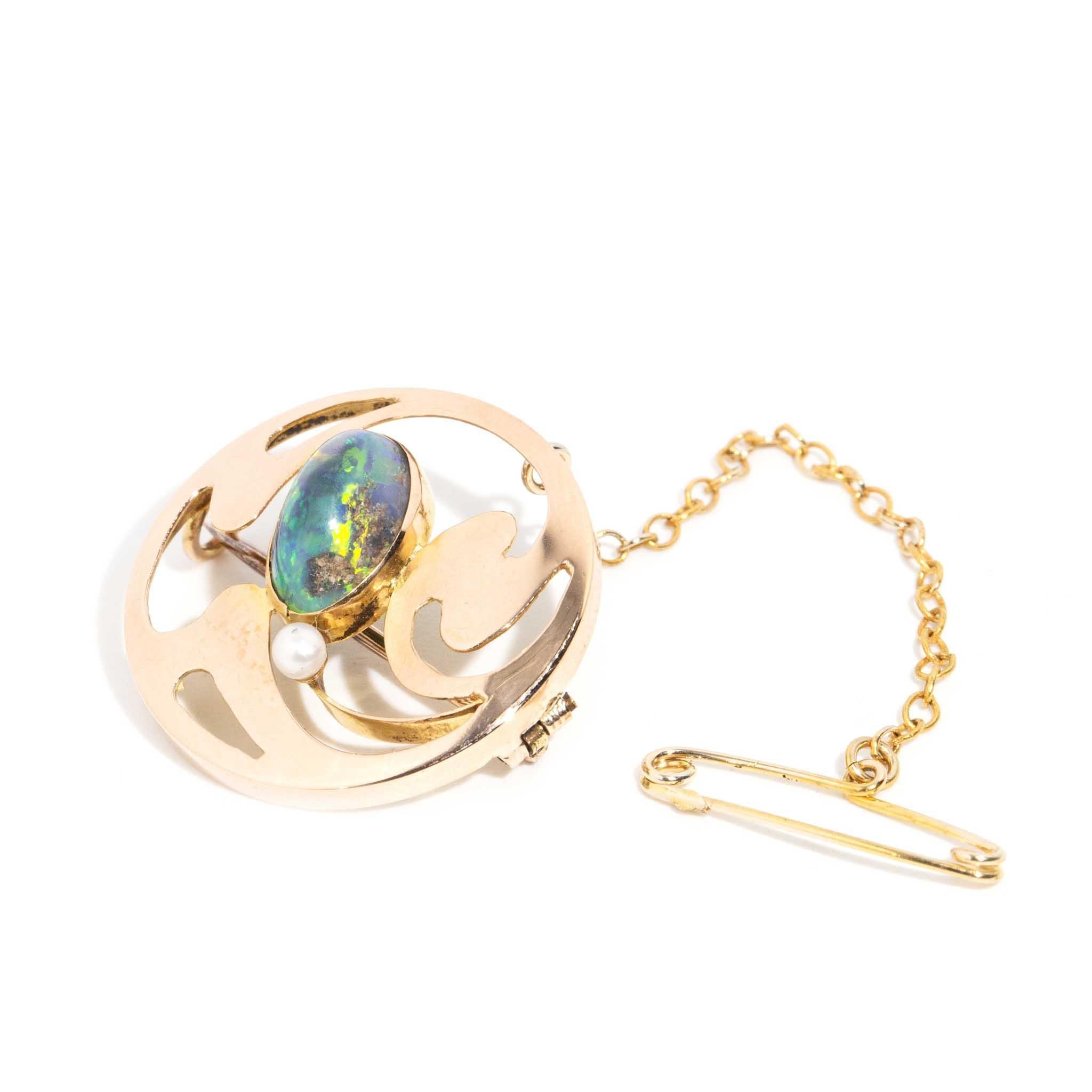 Antique Circa 1920s 1.48 Carat Opal & Pearl Brooch 15 Carat Yellow Gold In Good Condition For Sale In Hamilton, AU