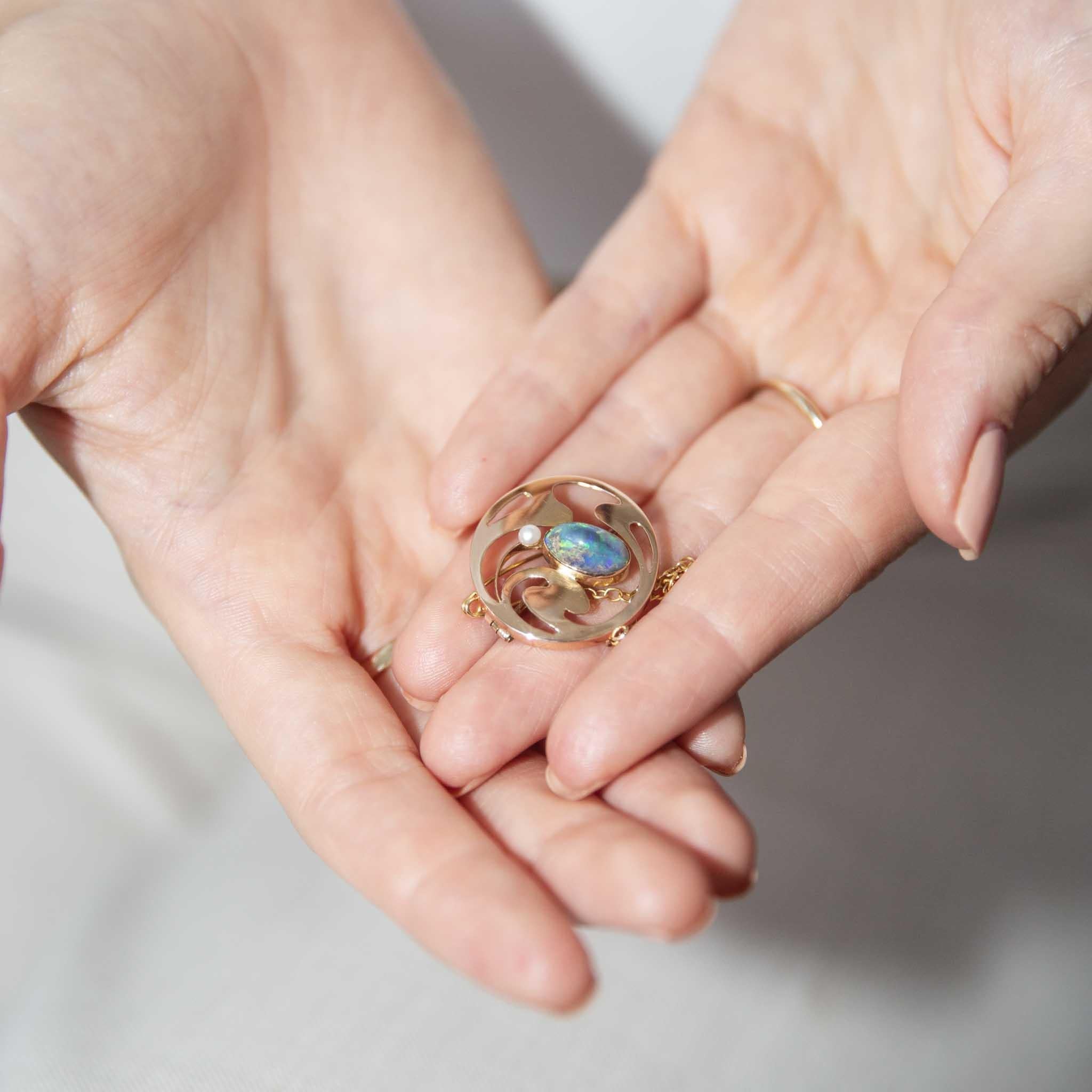 Women's Antique Circa 1920s 1.48 Carat Opal & Pearl Brooch 15 Carat Yellow Gold For Sale