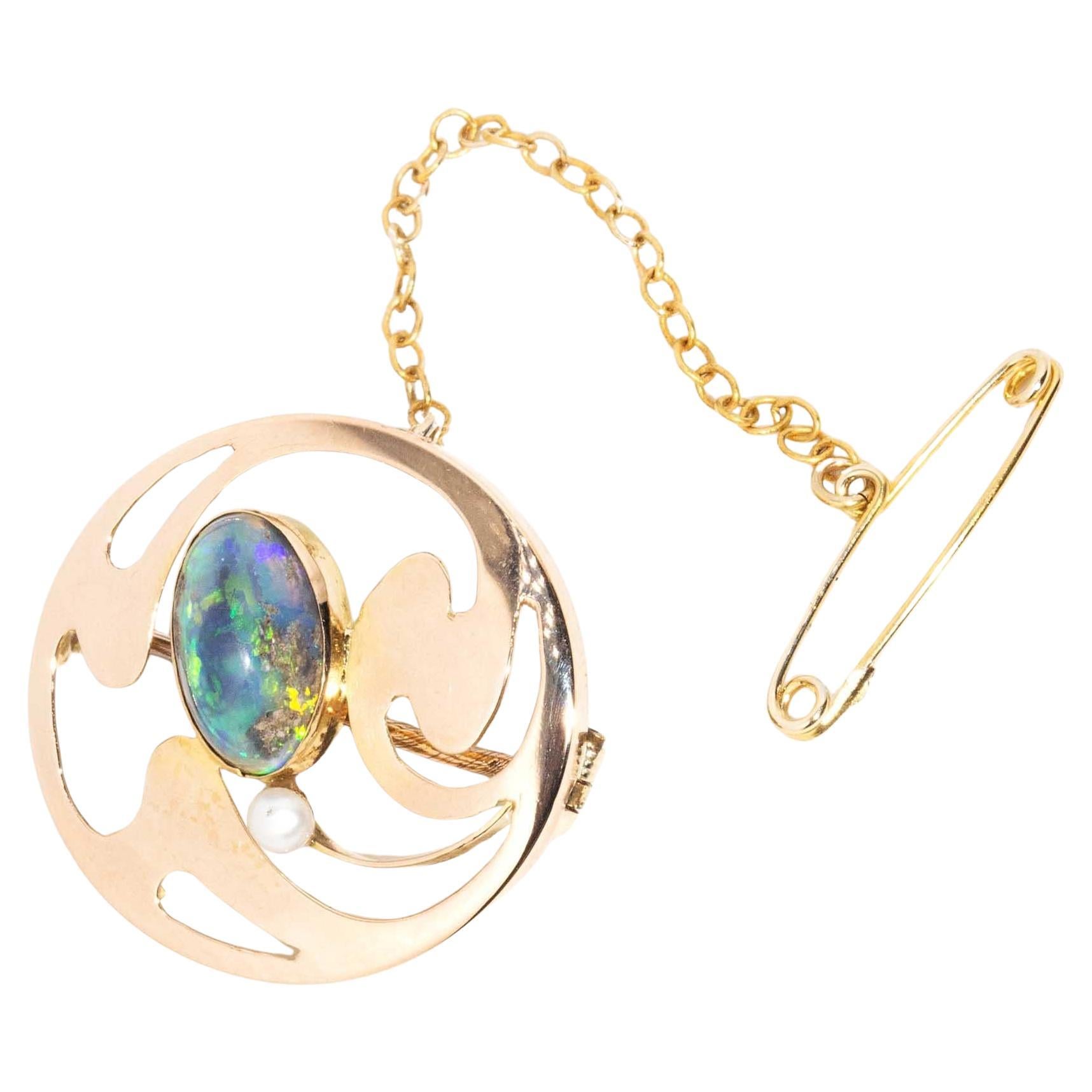 Antique Circa 1920s 1.48 Carat Opal & Pearl Brooch 15 Carat Yellow Gold