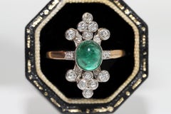 Antique Circa 1920s 14k Gold Natural Diamond And Cabochon Emerald Navette Ring