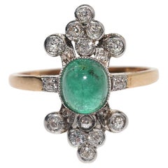 Antique Circa 1920s 14k Gold Natural Diamond And Cabochon Emerald Navette Ring