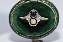 Antique Circa 1920s 14k Gold Natural Rose Cut Diamond And Sapphire Pearl Ring