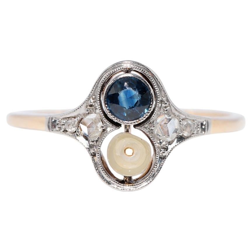 Antique Circa 1920s 14k Gold Natural Rose Cut Diamond And Sapphire Pearl Ring For Sale