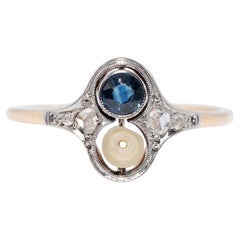 Antique Circa 1920s 14k Gold Natural Rose Cut Diamond And Sapphire Pearl Ring