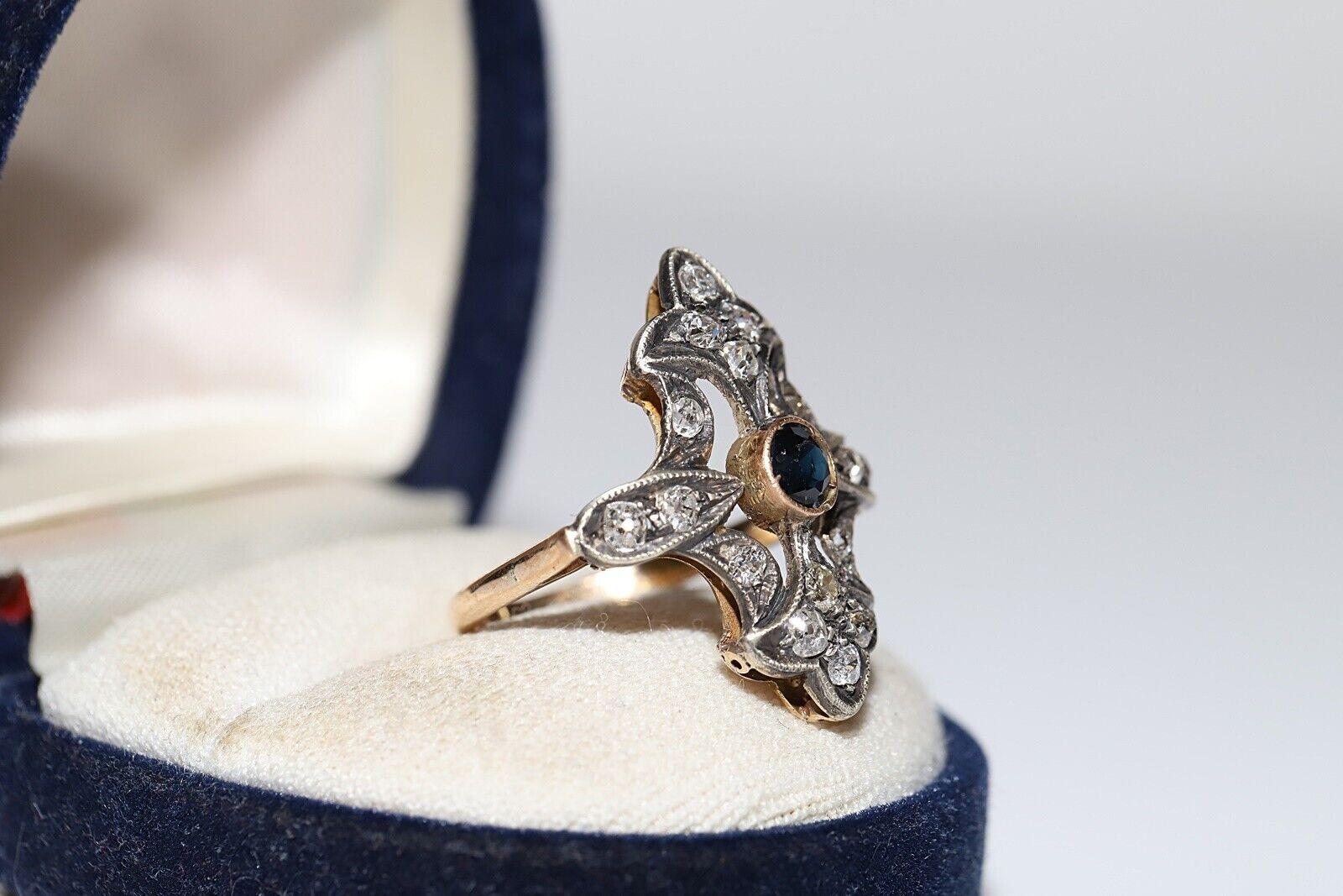 Art déco Bague ancienne datant des années 1920, or 14 carats, argent, diamant naturel et saphir en vente