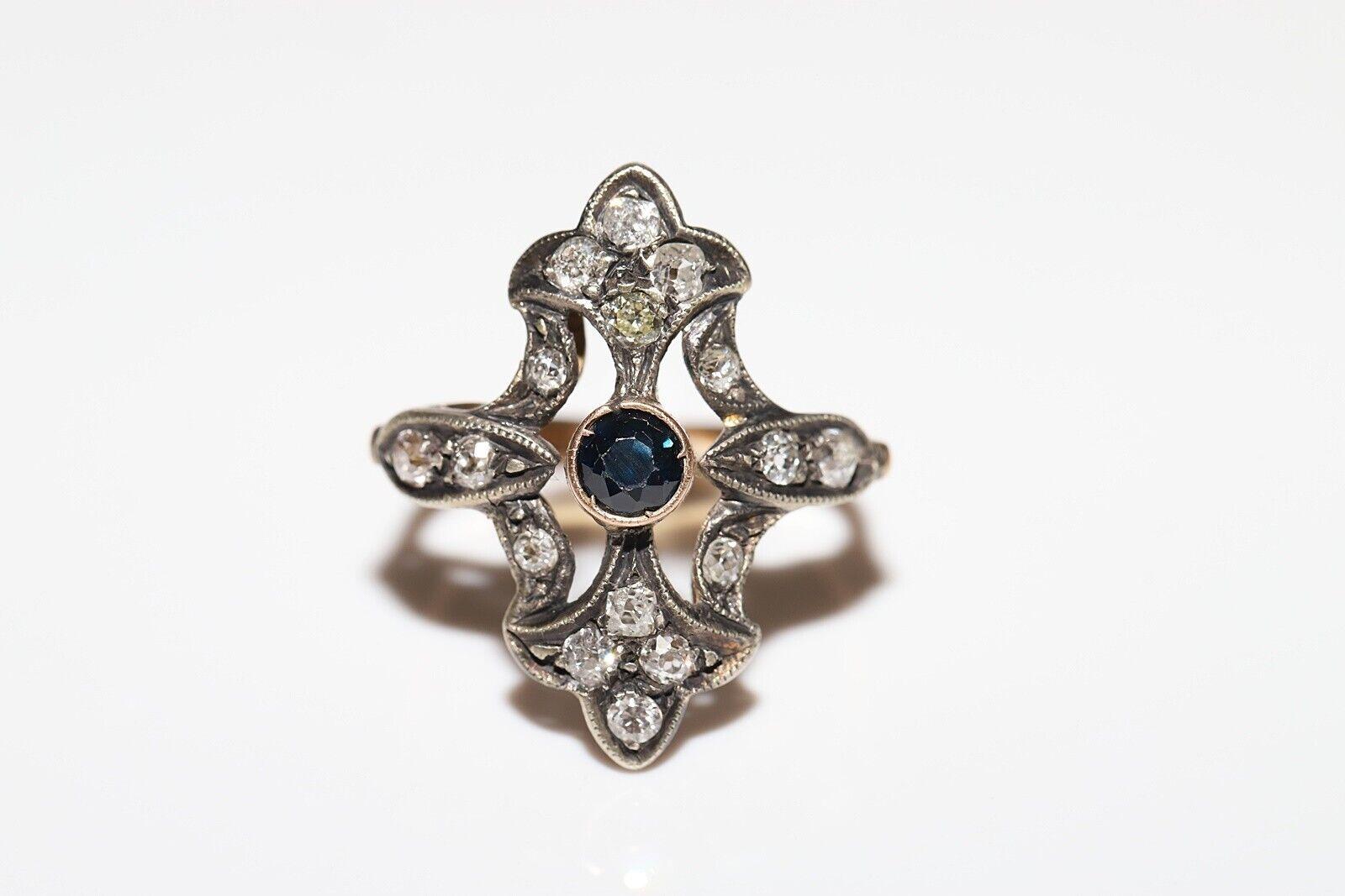 Taille brillant Bague ancienne datant des années 1920, or 14 carats, argent, diamant naturel et saphir en vente