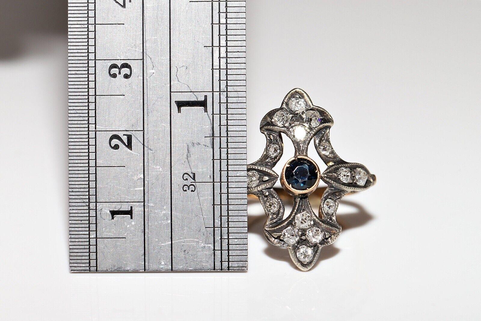 Bague ancienne datant des années 1920, or 14 carats, argent, diamant naturel et saphir Bon état - En vente à Fatih/İstanbul, 34