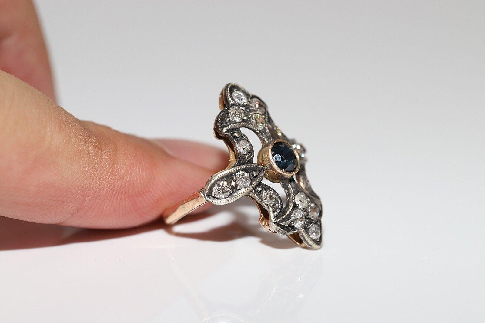 Bague ancienne datant des années 1920, or 14 carats, argent, diamant naturel et saphir Pour femmes en vente