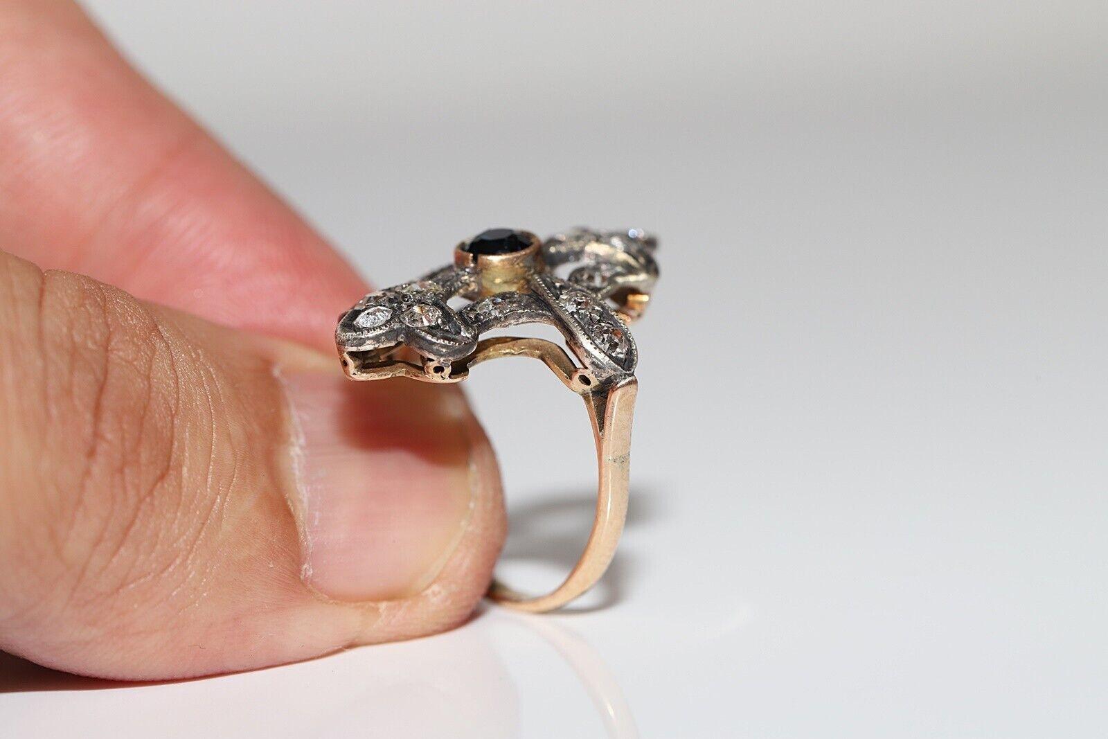 Bague ancienne datant des années 1920, or 14 carats, argent, diamant naturel et saphir en vente 3