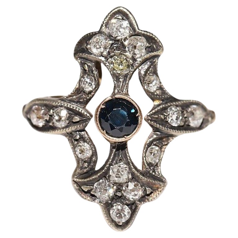 Bague ancienne datant des années 1920, or 14 carats, argent, diamant naturel et saphir