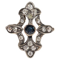 Antiker Ring, ca. 1920er Jahre, 14 Karat Gold, Platin, Silber, natürlicher Diamant und Saphir