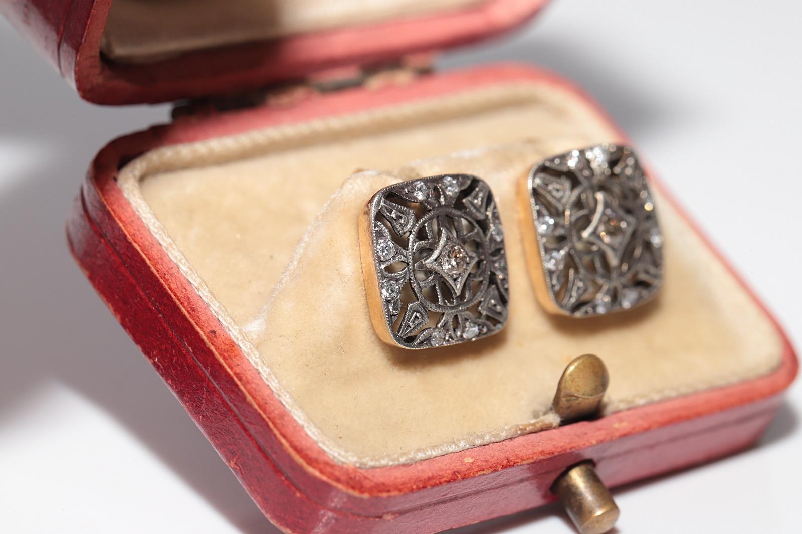Art Deco Antique Circa 1920s 14k Gold Top Silver Natural Diamond Decorated Earring For Sale