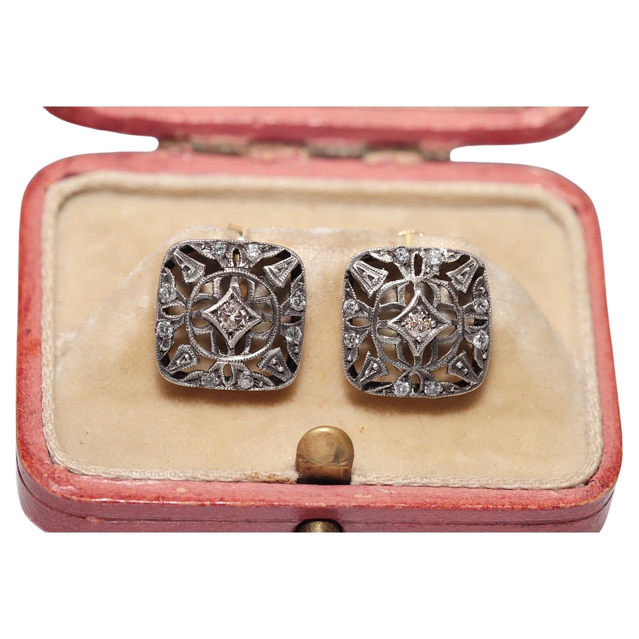 Antique Circa 1920s 14k Gold Top Silver Natural Diamond Decorated Earring For Sale