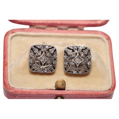 Antique Circa 1920s 14k Gold Top Silver Natural Diamond Decorated Earring