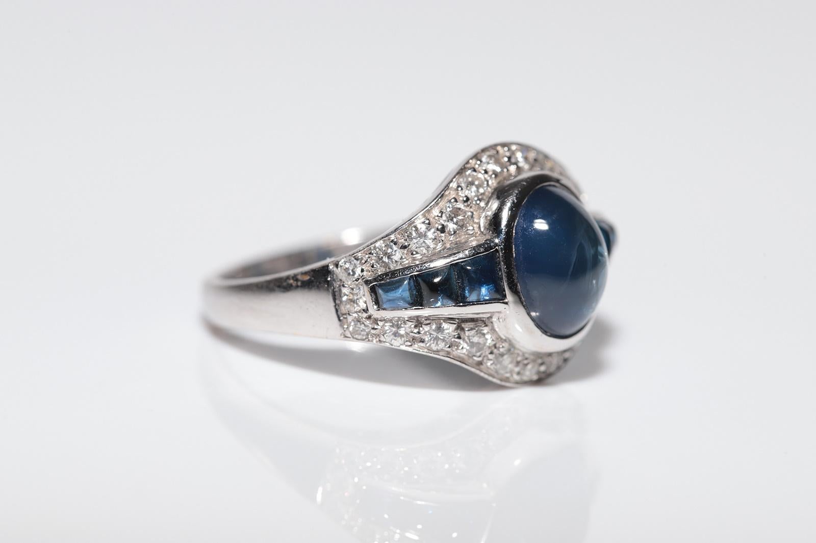 Anello antico CIRCA 1920 in oro 18k Art Deco con diamante naturale e zaffiro cabochon In condizioni buone in vendita a Fatih/İstanbul, 34