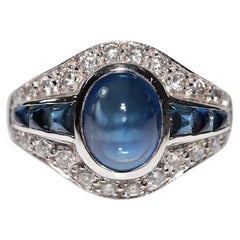 Bague Art déco des années 1920 en or 18 carats avec diamant naturel et saphir cabochon