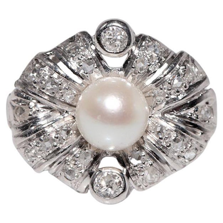 Antique Circa 1920s Or 18k Art Deco Diamant Naturel et Perle Décorée Bague