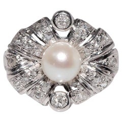 Antique Circa 1920s Or 18k Art Deco Diamant Naturel et Perle Décorée Bague