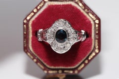 Antique Circa 1920s 18k Gold Art Deco Natural Diamond And Sapphire Navette Ring
