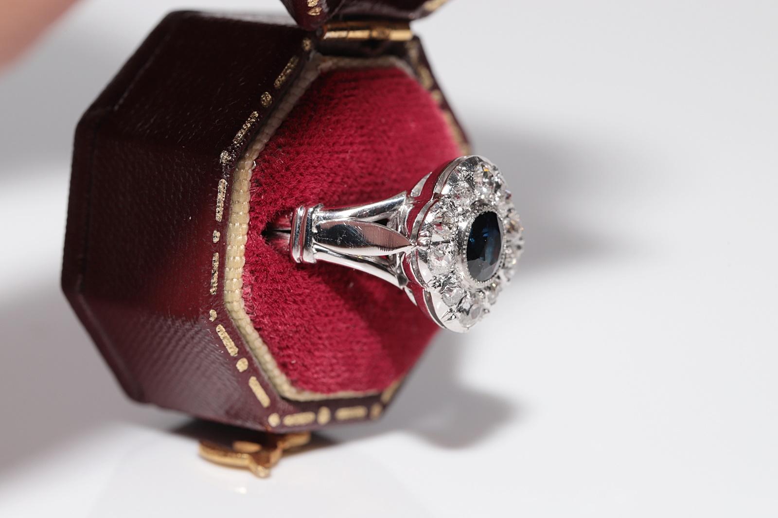 Old Mine Cut Antique Circa 1920s 18k Gold Art Deco Natural Diamond And Sapphire Navette Ring For Sale