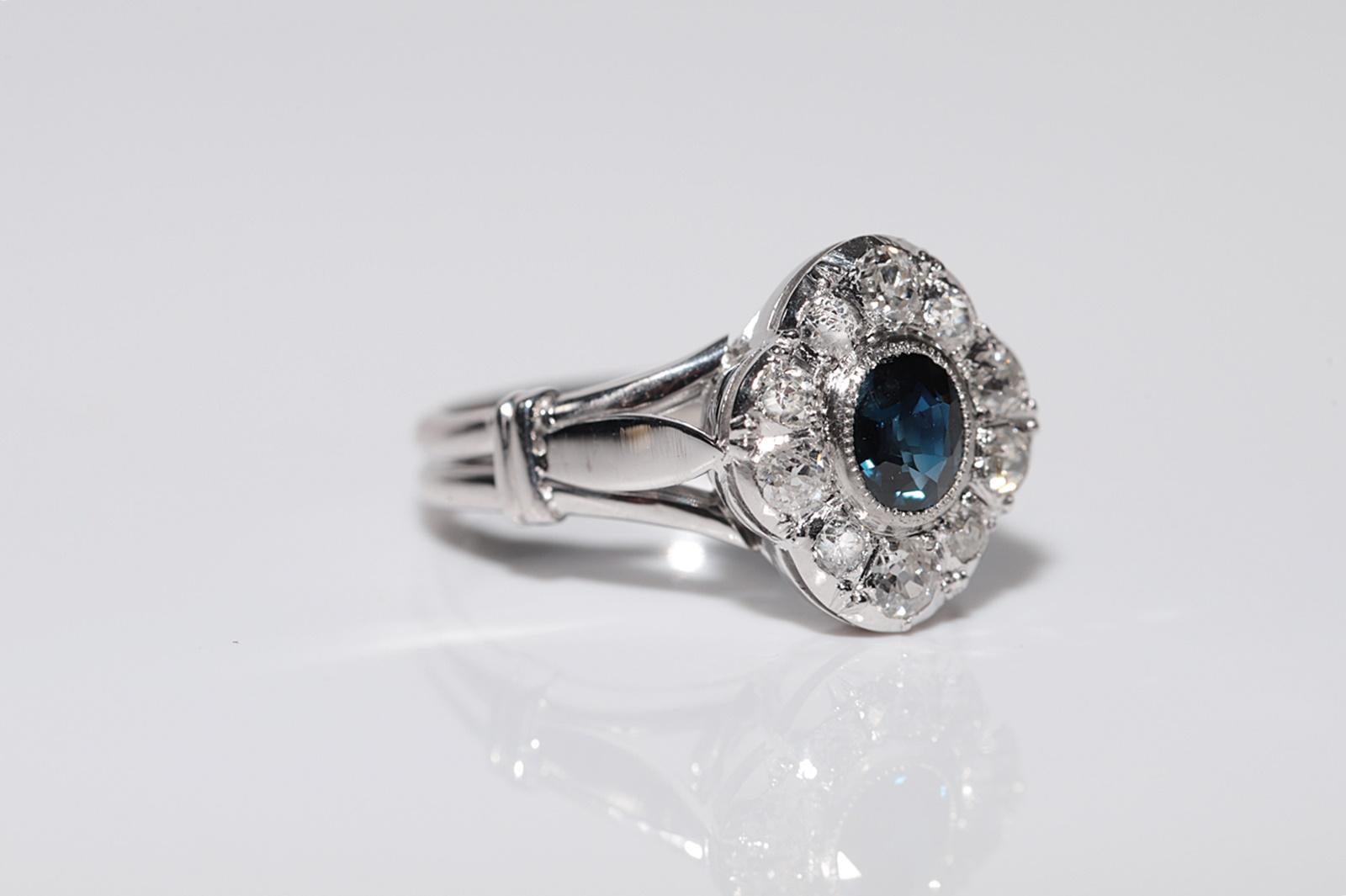 Bague ancienne en or 18k Circa 1920 Art Deco diamant naturel et saphir Navette Bon état - En vente à Fatih/İstanbul, 34