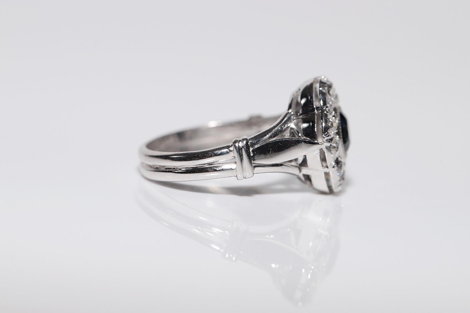 Antique Circa 1920s 18k Gold Art Deco Natural Diamond And Sapphire Navette Ring For Sale 1