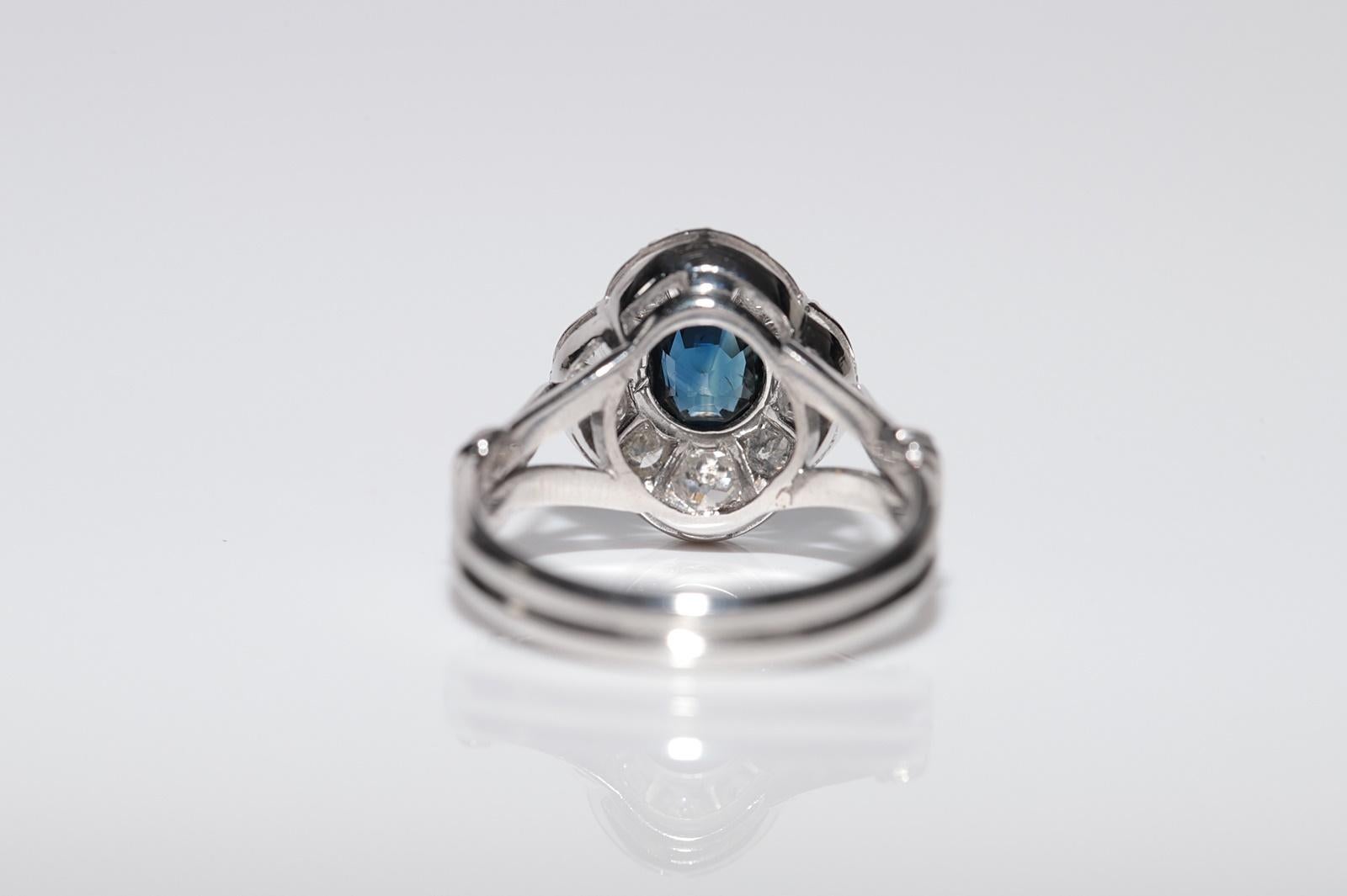 Bague ancienne en or 18k Circa 1920 Art Deco diamant naturel et saphir Navette en vente 2