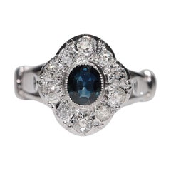 Bague ancienne en or 18k Circa 1920 Art Deco diamant naturel et saphir Navette