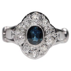 Bague ancienne en or 18k Circa 1920 Art Deco diamant naturel et saphir Navette