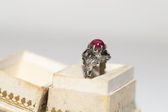 Antique Circa 1920s 18k Gold Natural Cabochon Ruby And Rose Cut Diamond Ring