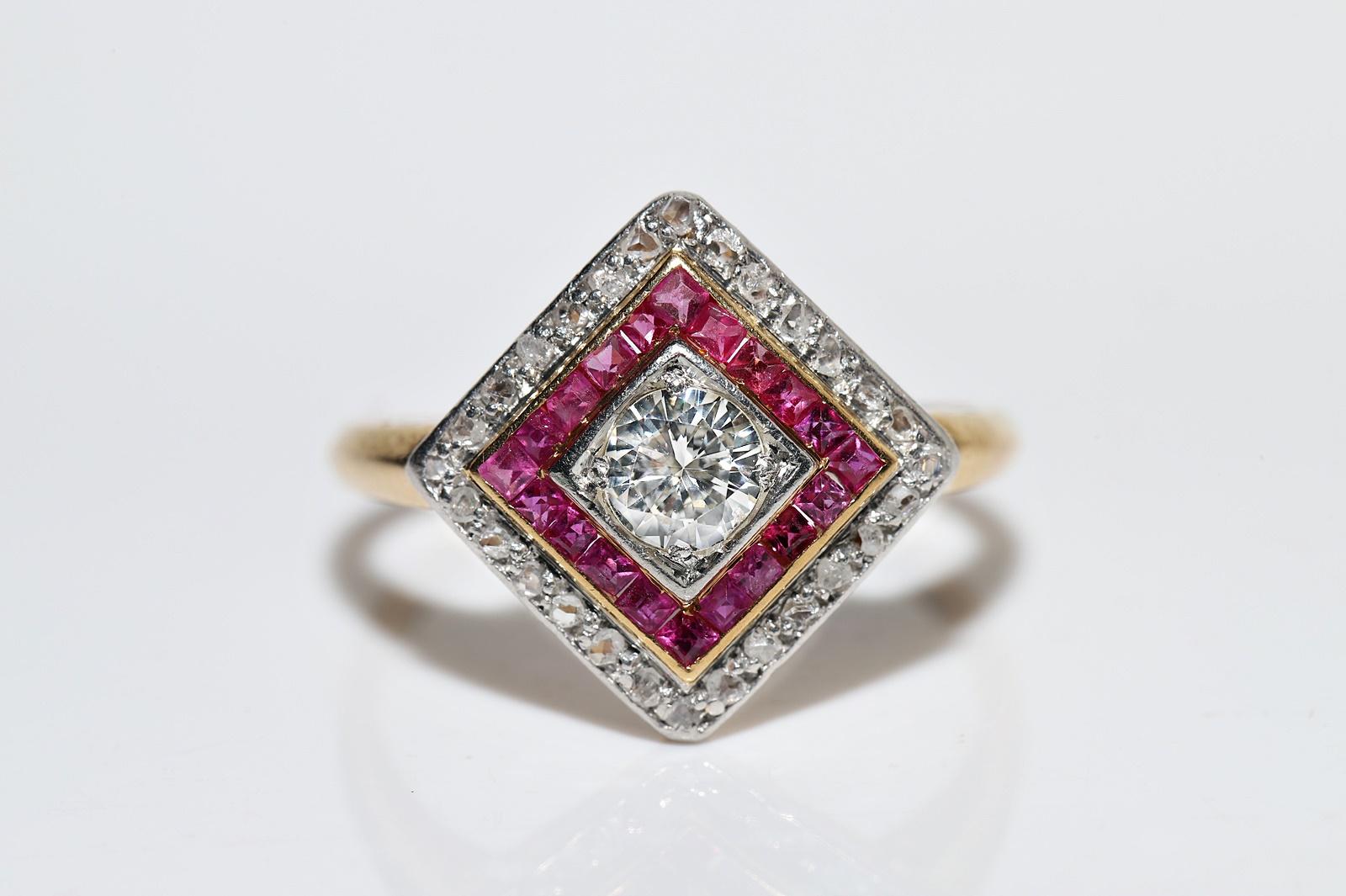 Old European Cut Antique Circa 1920s 18k Gold Natural Diamond And Caliber Ruby Ring For Sale