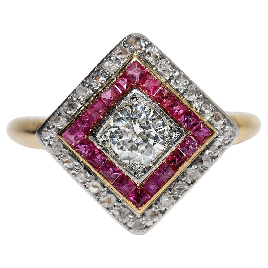 Antique Circa 1920s 18k Gold Natural Diamond And Caliber Ruby Ring For Sale