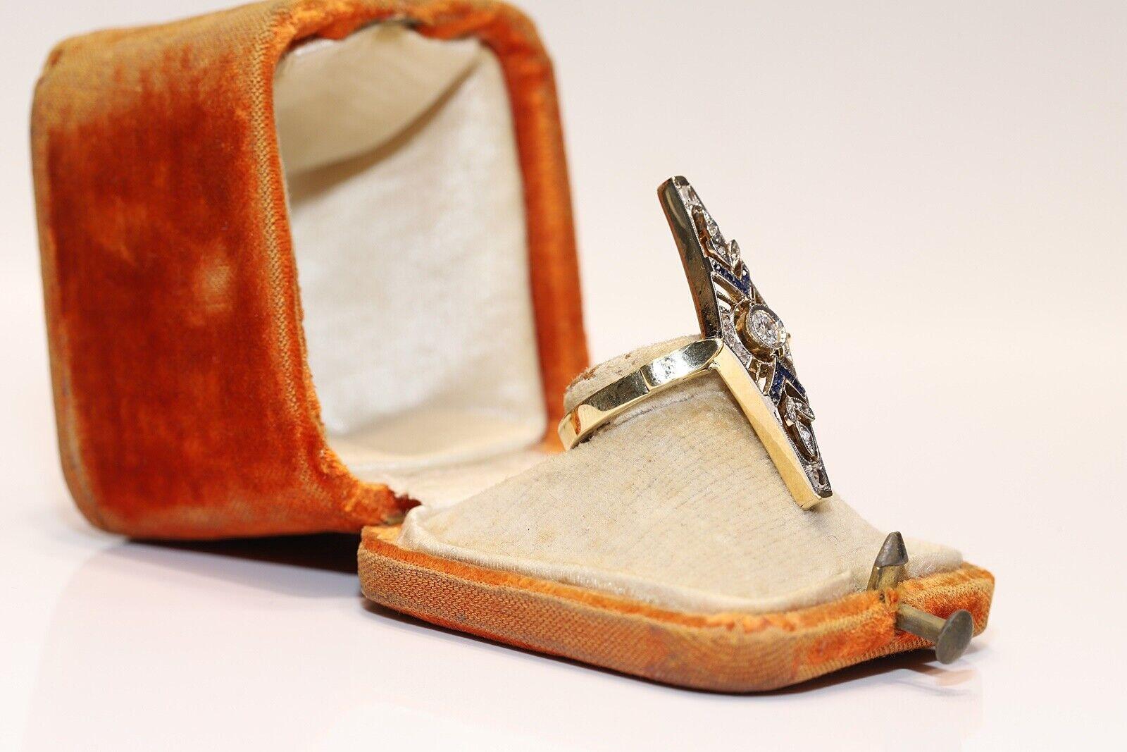 Antique Circa 1920s 18k Gold Natural Diamond And Caliber Sapphire Decorated Ring For Sale 4