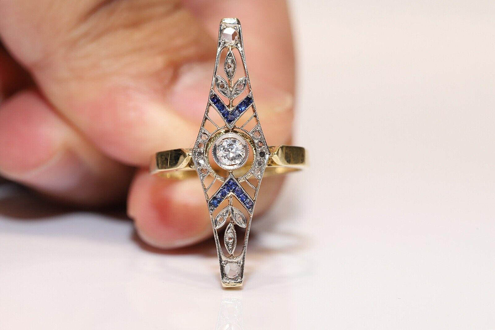 Antiker, dekorativer Ring aus 18 Karat Gold mit natürlichem Diamant und Kaliber-Saphir, ca. 1920er Jahre im Angebot 6
