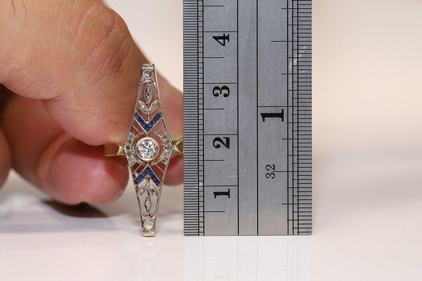 Brilliant Cut Antique Circa 1920s 18k Gold Natural Diamond And Caliber Sapphire Decorated Ring For Sale