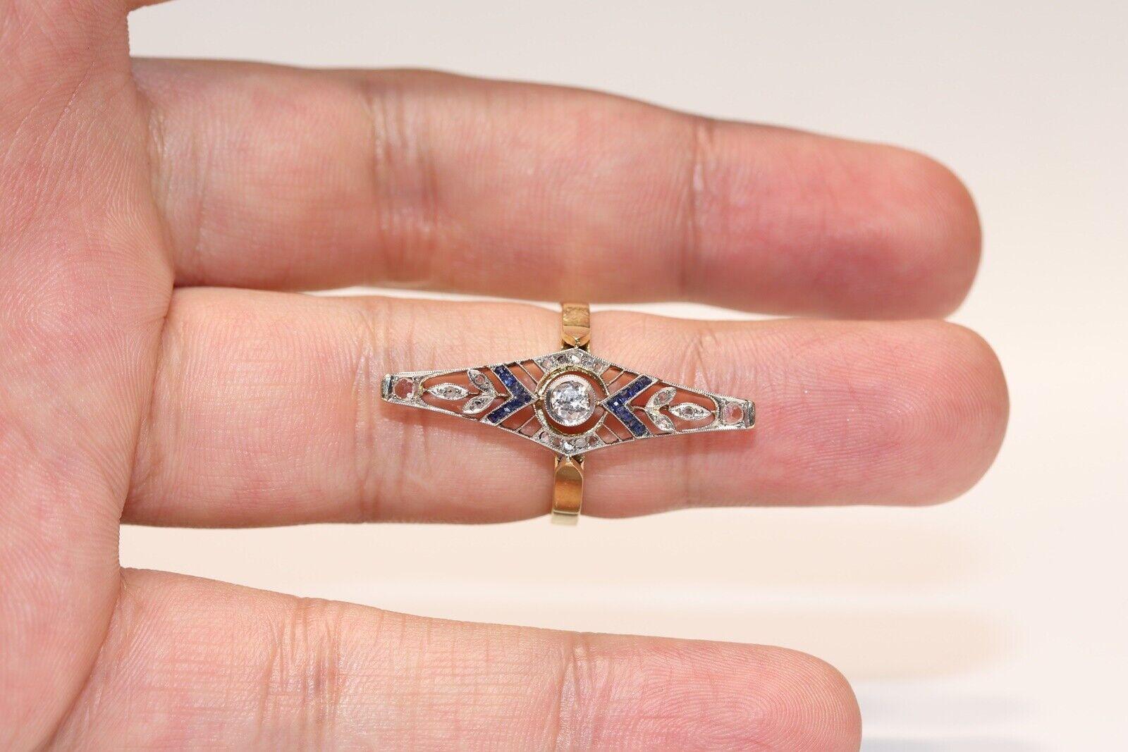 Antiker, dekorativer Ring aus 18 Karat Gold mit natürlichem Diamant und Kaliber-Saphir, ca. 1920er Jahre im Angebot 1
