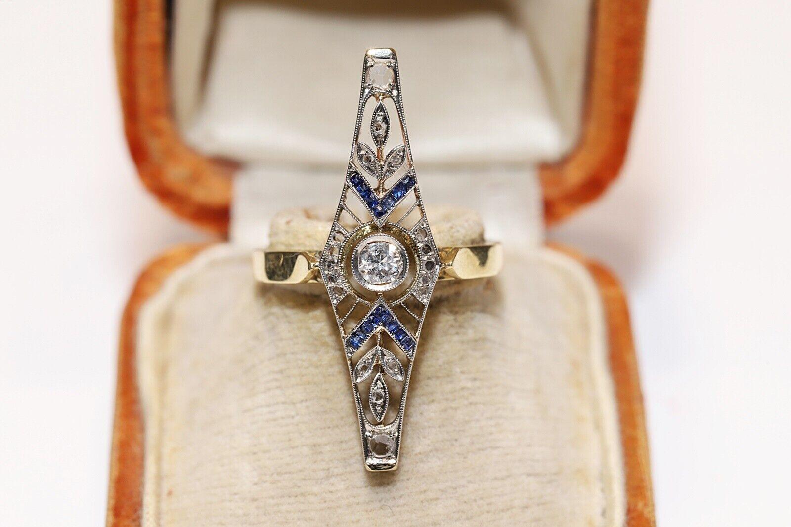 Antique Circa 1920s 18k Gold Natural Diamond And Caliber Sapphire Decorated Ring For Sale 2