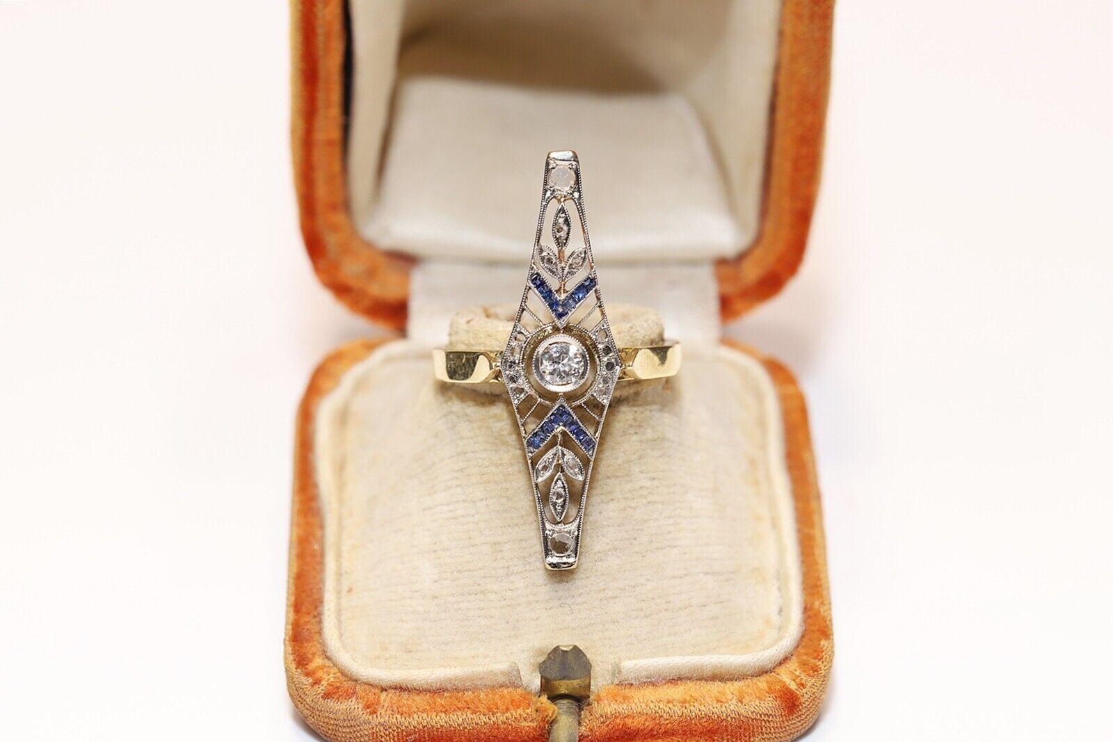 Antiker, dekorativer Ring aus 18 Karat Gold mit natürlichem Diamant und Kaliber-Saphir, ca. 1920er Jahre im Angebot 3