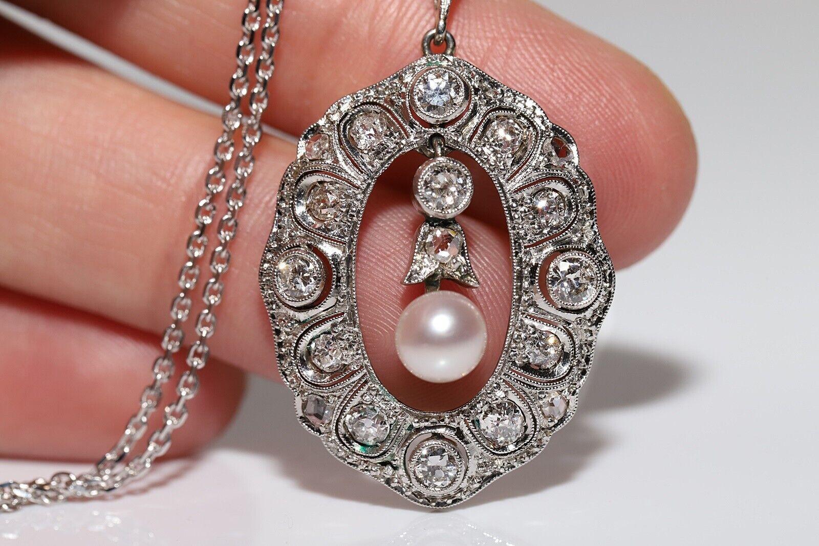 Collar Colgante Antiguo Circa 1920s Oro 18k Diamante Natural y Perla en venta 4