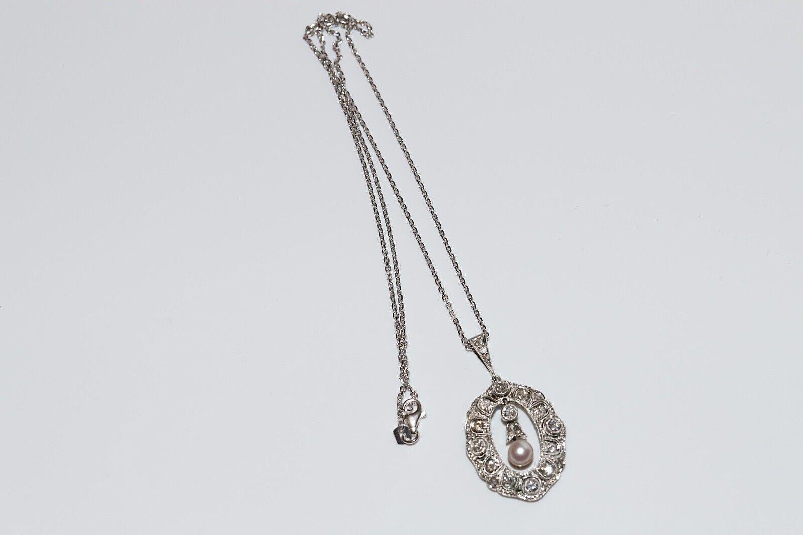 Collar Colgante Antiguo Circa 1920s Oro 18k Diamante Natural y Perla en venta 6
