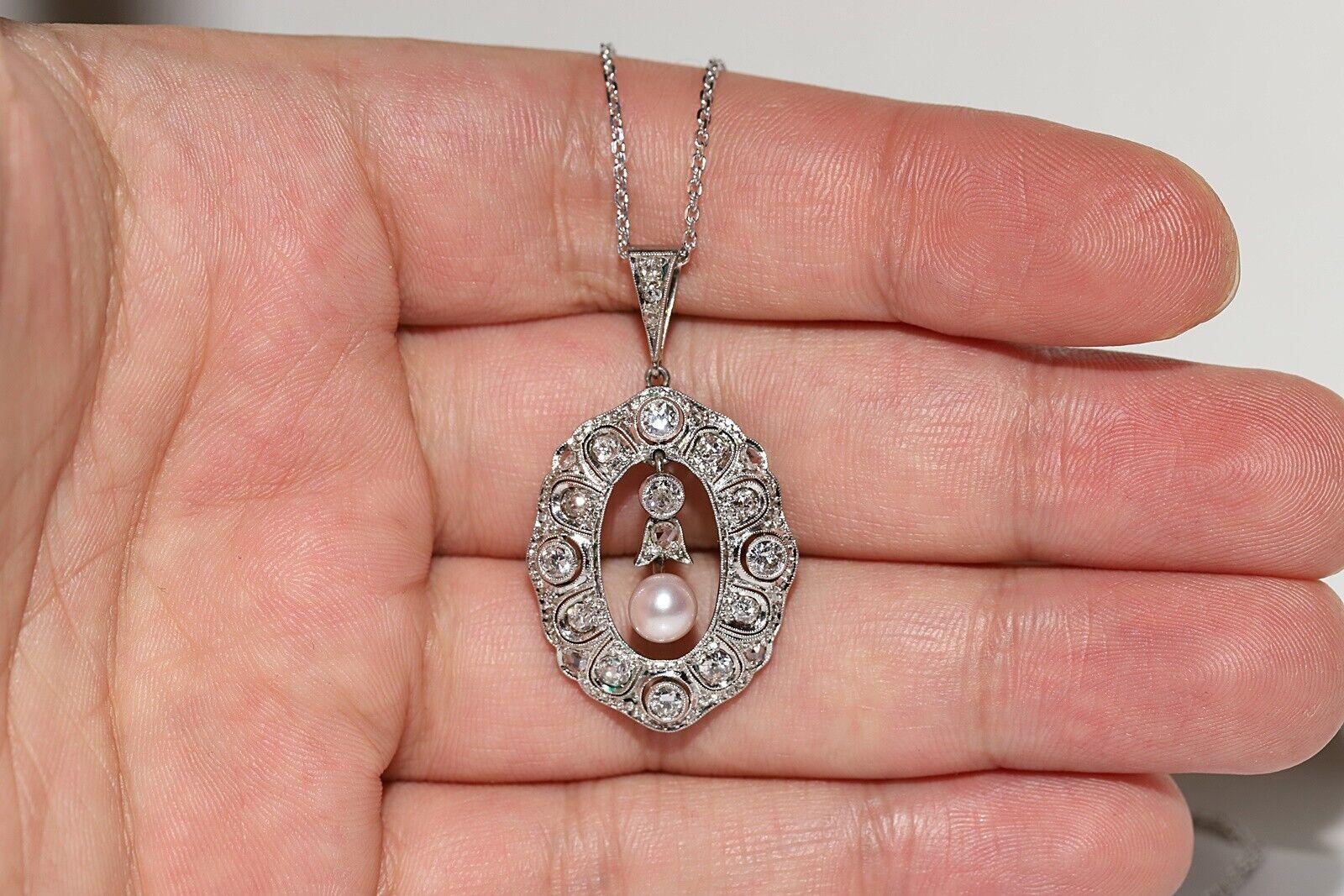 Collar Colgante Antiguo Circa 1920s Oro 18k Diamante Natural y Perla en venta 7