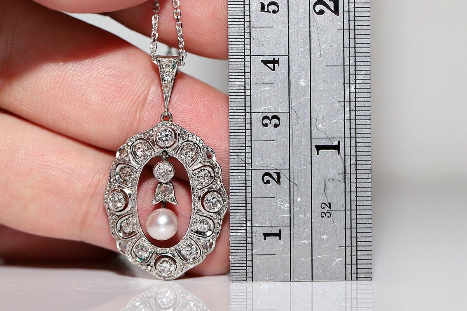 Collar Colgante Antiguo Circa 1920s Oro 18k Diamante Natural y Perla en venta 8