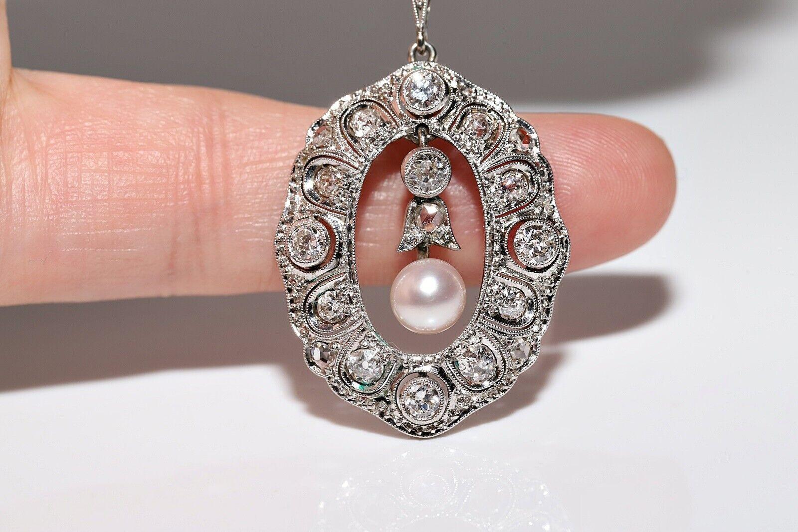 Collar Colgante Antiguo Circa 1920s Oro 18k Diamante Natural y Perla en venta 1
