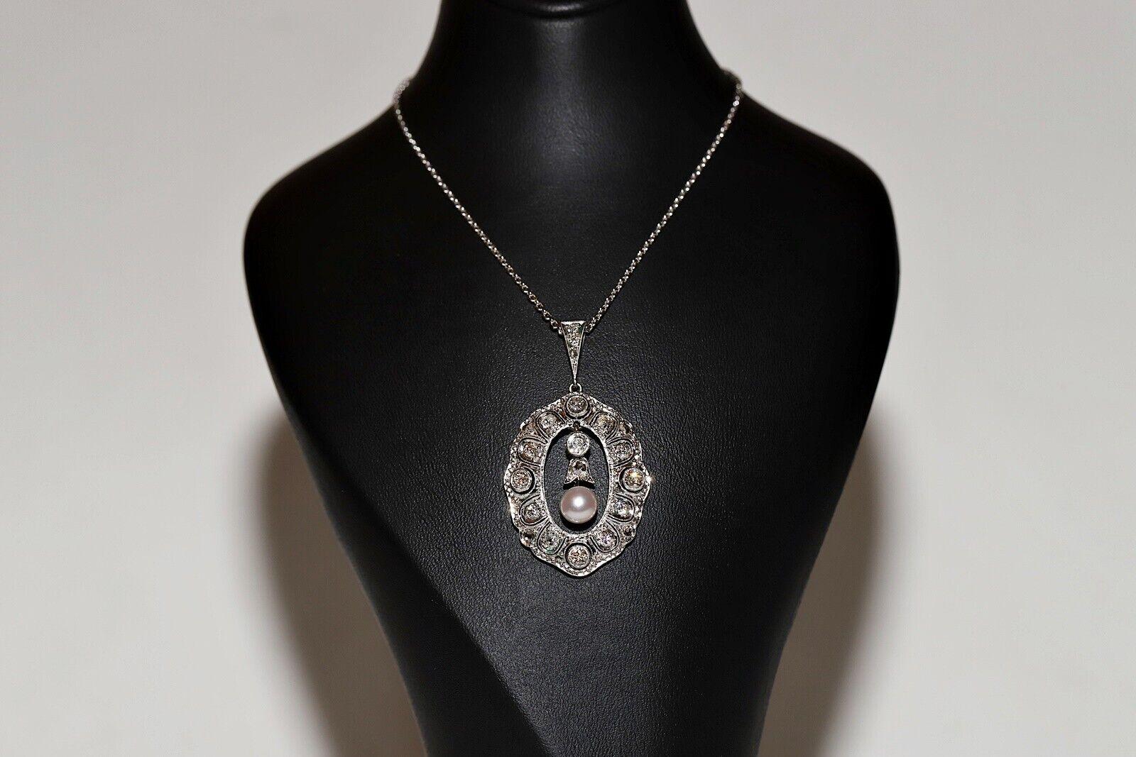 Collar Colgante Antiguo Circa 1920s Oro 18k Diamante Natural y Perla en venta 3