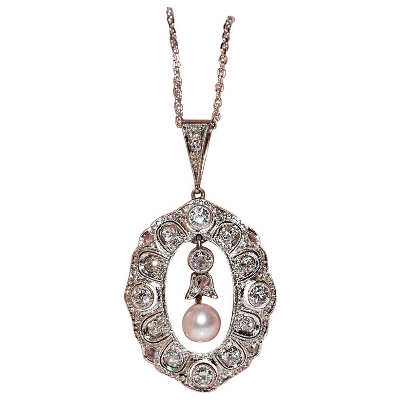 Collar Colgante Antiguo Circa 1920s Oro 18k Diamante Natural y Perla en venta