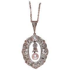 Collana con ciondolo di perle e diamanti naturali in oro 18 carati, antica CIRCA 1920