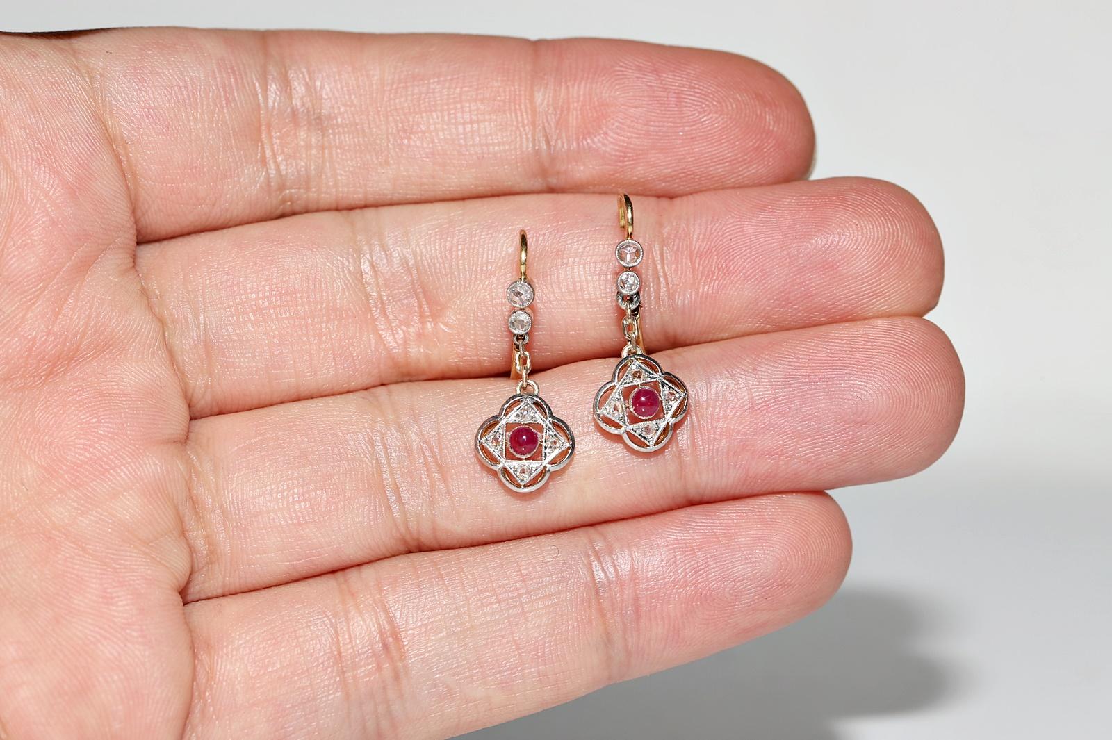 Antique Circa 1920s 18k Gold Natural Diamond And Ruby Decorated Drop Earring 4
